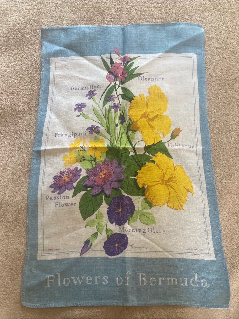 Vintage Trimingham’s Bermuda Tea Towel - 100% Irish Linen Floral Souvenir